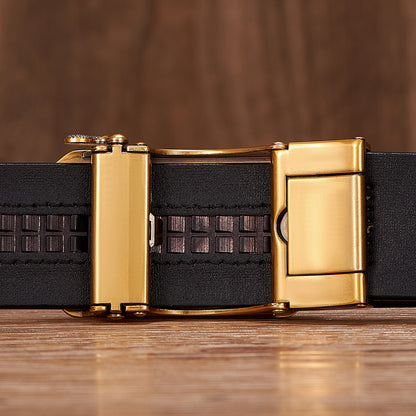 Gold - Black / 100 cm Automatic Embossed Leather Belt for Men - Wolf Design - skyjackerz