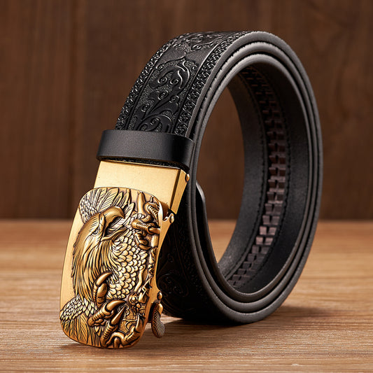 Gold - Black / 100 cm Eagle Alloy Automatic Leather Belt For Men - skyjackerz