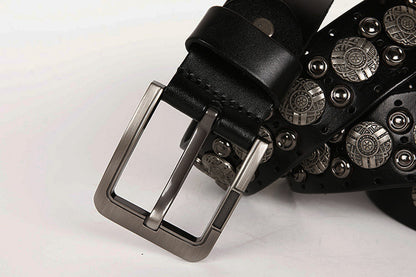 Black / 105 cm Men's Metal Rivet Cowboy Leather Belt - skyjackerz