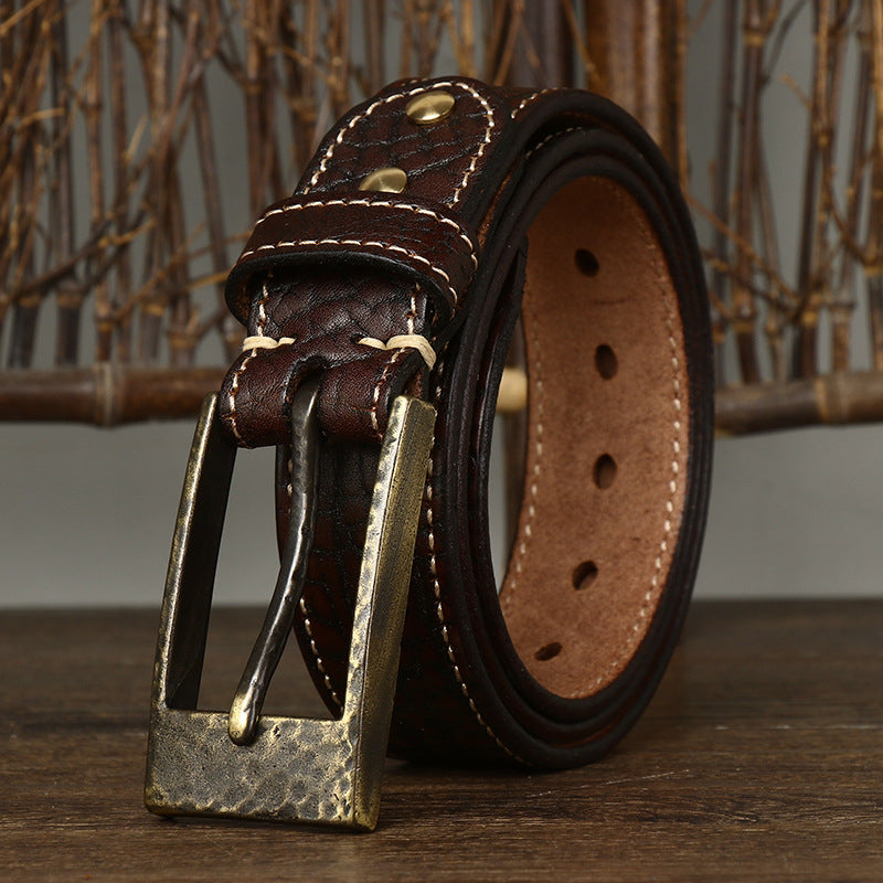 Coffee / 100 cm Designer Havey Brass Buckle Leather Belt For Men - skyjackerz
