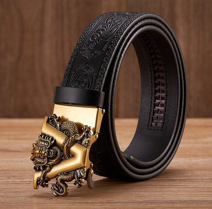 Golden V Black / 100 cm Men's Automatic Leather Belt with Dragon Alloy Buckle - skyjackerz