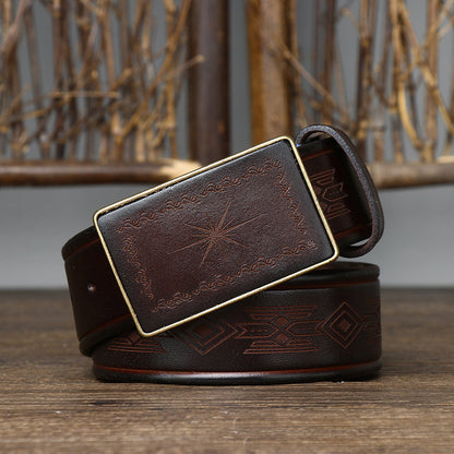 Black / 100 cm Men's Retro Smooth Buckle Genuine Leather Belt - skyjackerz