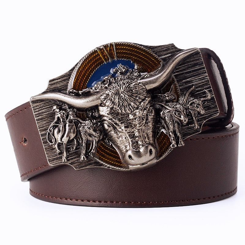 A - Brown / 105 cm Cowboy Style Cow Leather Belt For Men - skyjackerz