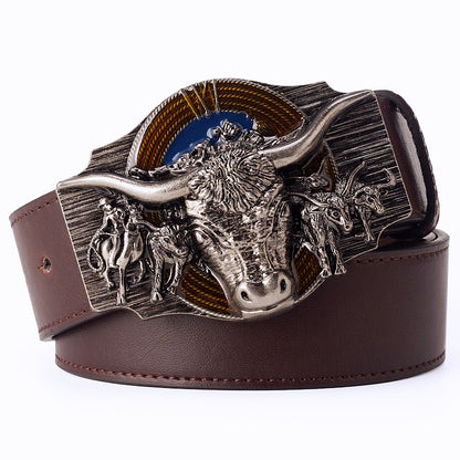 A - Brown / 105 cm Cowboy Style Men's Genuine Leather Belt - skyjackerz