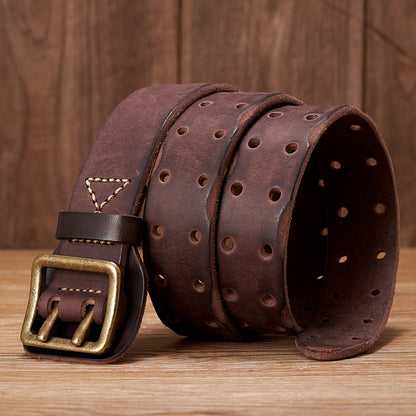 Khaki / 105 cm Men's Handmade Leather Belt with Stap Buckle - skyjackerz