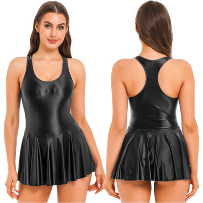 Black / S Women Leather Leotard Party Dress - skyjackerz