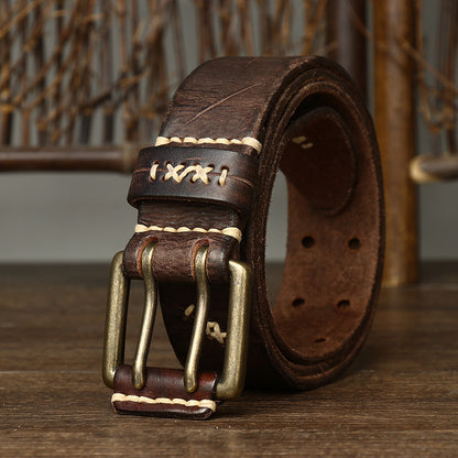 Brown / 105 cm Men's Exquisite Brass Buckle Leather Belt - skyjackerz