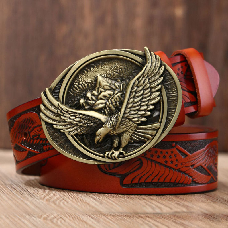 Eagle Buckle - Bronze / Red Brown / 105 cm Eagle Embossed Leather Men's Cowskin Belt - skyjackerz