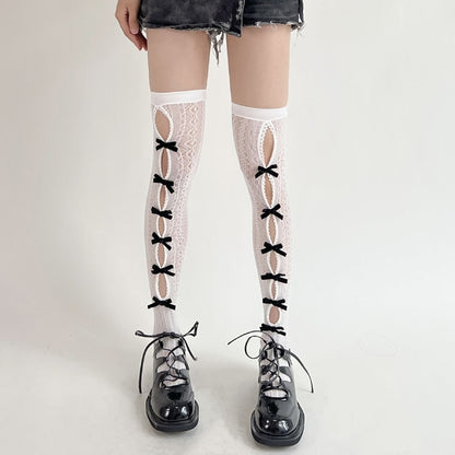 White with Black Bows / S Princess Thigh High Lace Stocking - skyjackerz