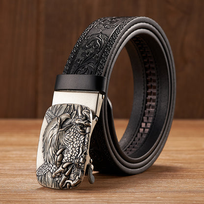 Silver - Black / 100 cm Men's Automatic Leather Belt with Eagle Alloy Buckle - skyjackerz