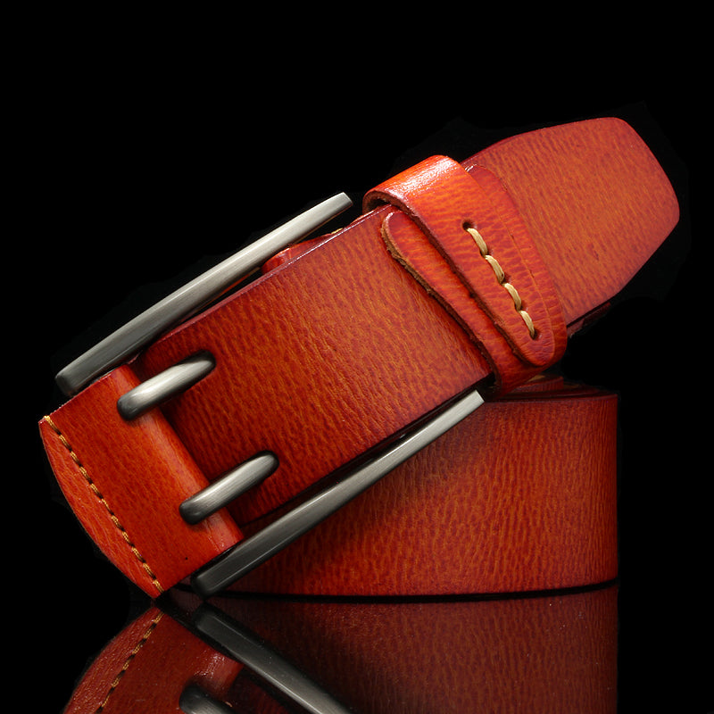 Orange / 105 cm British Style Double Pin Leather Belt For Men - skyjackerz