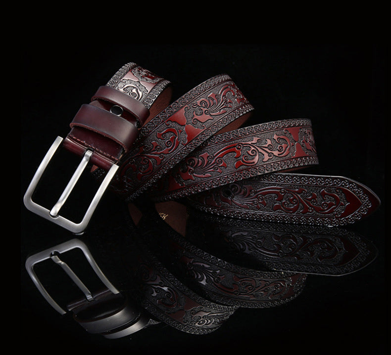 Coffee / 100 cm Men's Premium Embossing Leather Belt - skyjackerz