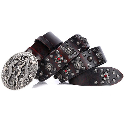 Retro Red / 105 cm Men's Retro Designer Leather Belt with Rivets - skyjackerz
