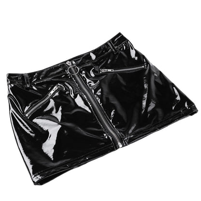 Women's Black Wet Look Mini Skirt - skyjackerz