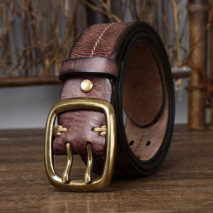 Brown / 105 cm Men's Double Needle Pin Buckle Leather Belt - skyjackerz