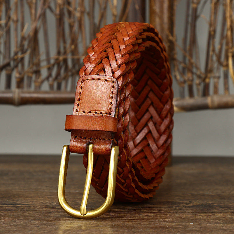 Camel / 100 cm Designer Wowen Leather Belt For Men - skyjackerz
