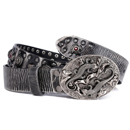 Black / 105 cm Men's Retro Designer Leather Belt with Rivets - skyjackerz