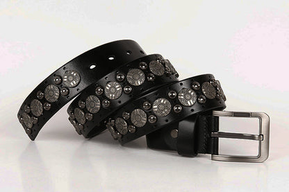 Black / 105 cm Men's Metal Rivet Cowboy Leather Belt - skyjackerz
