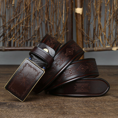 Black / 100 cm Men's Retro Smooth Buckle Genuine Leather Belt - skyjackerz