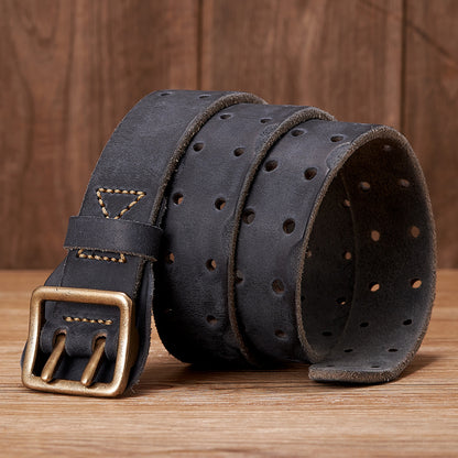 Khaki / 105 cm Men's Handmade Leather Belt with Stap Buckle - skyjackerz