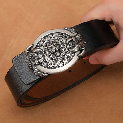 Silver - Black / 110 cm Exotic Lion Totem Alloy Buckle Leather Belt for Men - skyjackerz
