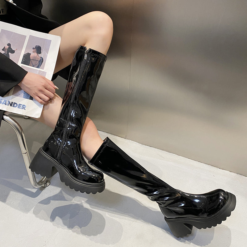 Knee high boots / 35 Women's Thick Leather High-Heel Shoes - skyjackerz