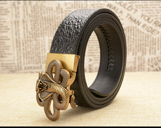 Gold - Black / 105 cm Designer Automatic Leather Belt for Men - Cobra Buckle - skyjackerz