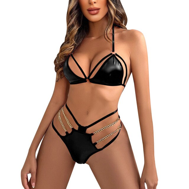 Black 4 / S Leather Bikini Set For Women - skyjackerz