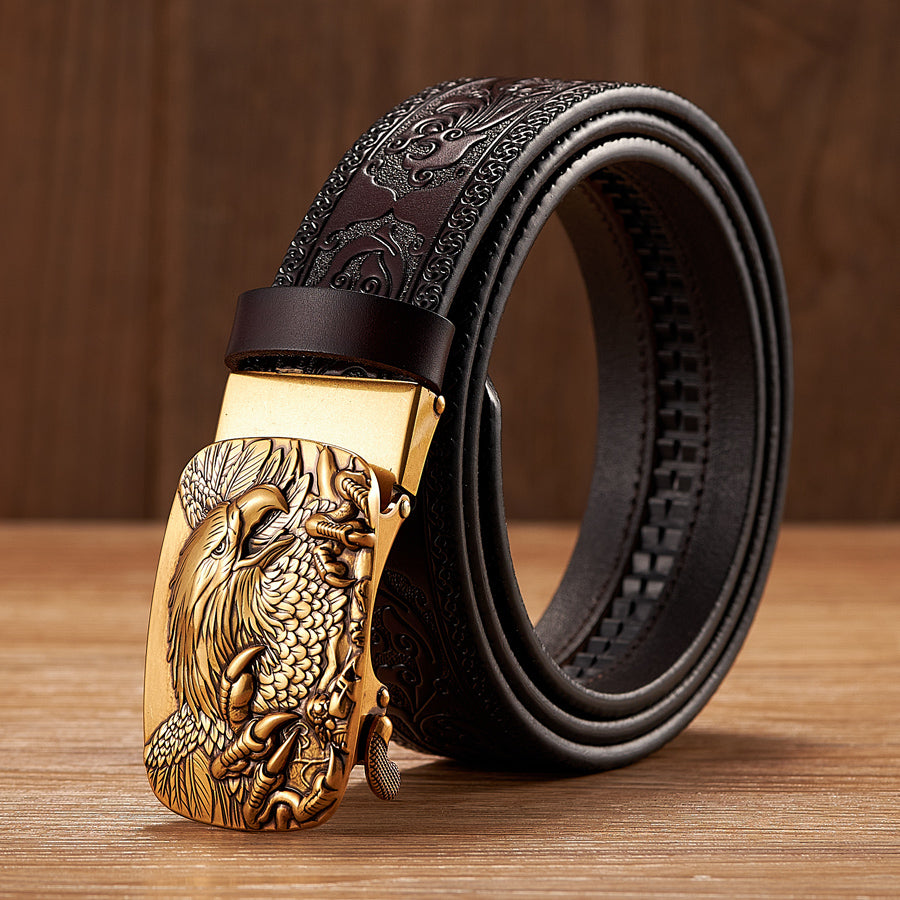 Gold - Coffee / 100 cm Eagle Alloy Automatic Leather Belt For Men - skyjackerz