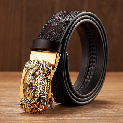 Gold - Coffee / 100 cm Men's Automatic Leather Belt with Eagle Alloy Buckle - skyjackerz