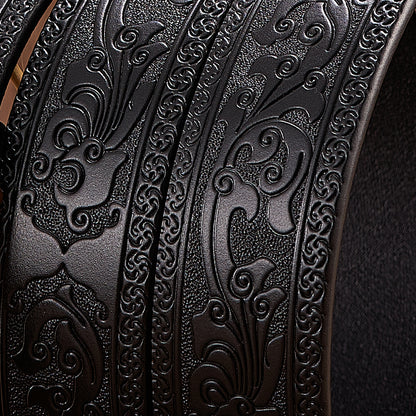 Gold - Black / 100 cm Men's Automatic Embossed Leather Belt - Dragon Design - skyjackerz
