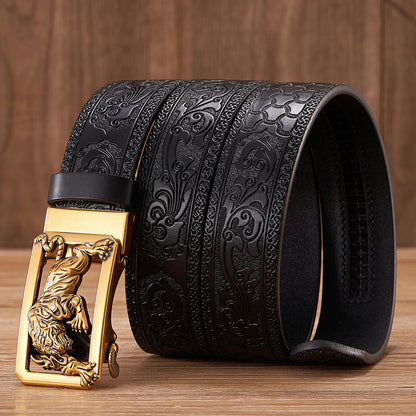 Gold - Coffee / 100 cm Tiger Design Automatic Embossed Leather Belt for Men - skyjackerz