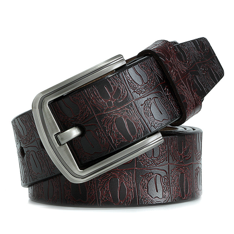 Coffee / 100 cm Men's Designer Embossed Leather Belt - skyjackerz