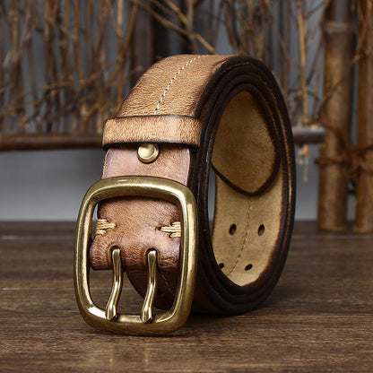 Khaki / 105 cm Men's Double Needle Pin Buckle Leather Belt - skyjackerz