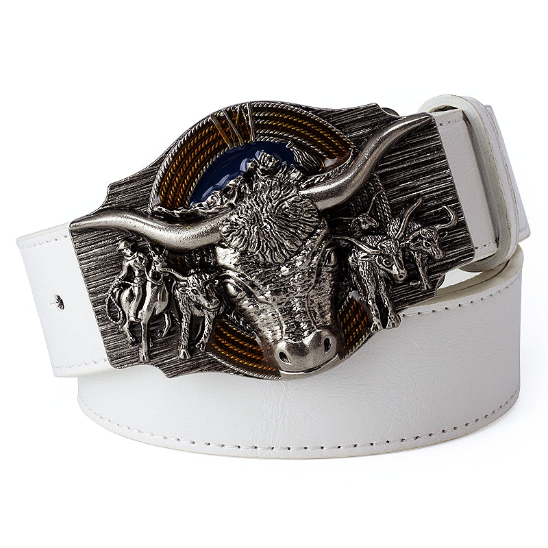 A - White / 105 cm Cowboy Style Cow Leather Belt For Men - skyjackerz