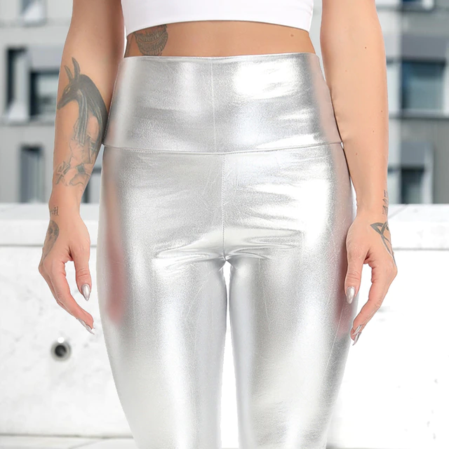 Silver / S Women's High Waist Leather Pants - skyjackerz