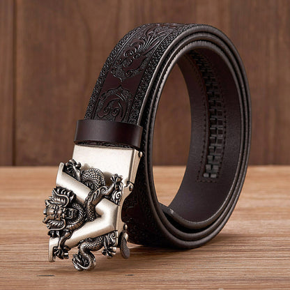 Golden V Black / 100 cm Men's Automatic Leather Belt with Dragon Alloy Buckle - skyjackerz