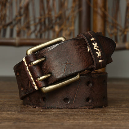 Brown / 105 cm Men's Exquisite Brass Buckle Leather Belt - skyjackerz