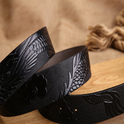 Black Buckle - Black / 100 cm Handmade Leather Belt for Men - Chinese Dragon Design - skyjackerz
