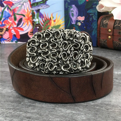 Brown / 95 cm Men's Retro Snake Buckle Thick Leather Belt - skyjackerz