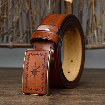 Red Brown / 100 cm Men's Retro Smooth Buckle Genuine Leather Belt - skyjackerz
