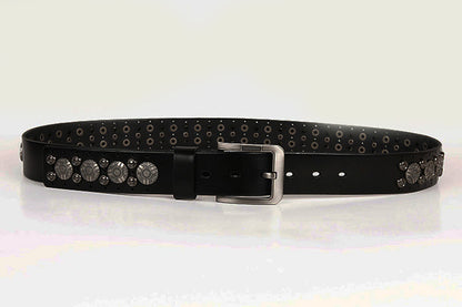 Black / 105 cm Men's Metal Rivet Cowboy Leather Belt - skyjackerz