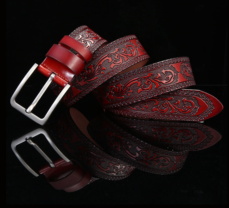 Red / 100 cm Men's Premium Embossing Leather Belt - skyjackerz