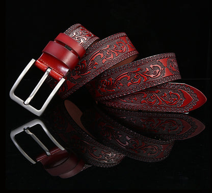 Red / 100 cm Men's Premium Embossed Genuine Leather Belt - skyjackerz