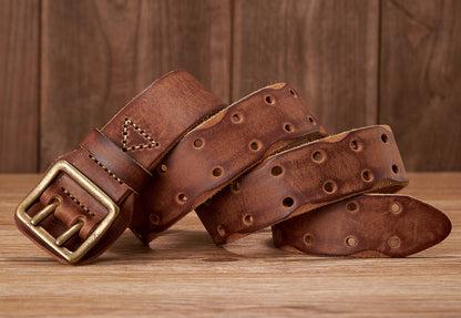 Khaki / 105 cm Men's Handmade Leather Belt with Stap Buckle - skyjackerz