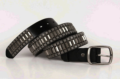 Black / 105 cm Men's Heavy Metal Rivet Leather Belt - skyjackerz