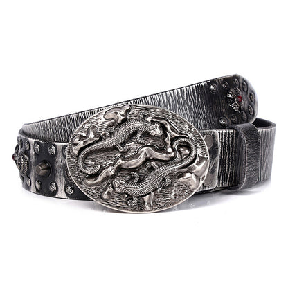 Black / 105 cm Men's Retro Designer Leather Belt with Rivets - skyjackerz