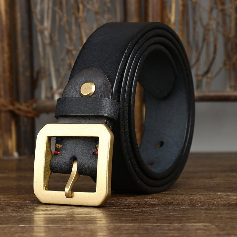 Black / 100 cm Retro Thick Square Buckle Leather Belt For Men - skyjackerz