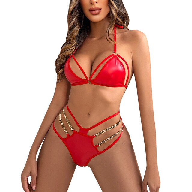 Red 4 / S Leather Bikini Set For Women - skyjackerz