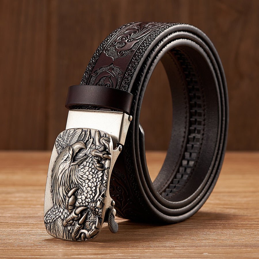 Silver - Coffee / 100 cm Eagle Alloy Automatic Leather Belt For Men - skyjackerz